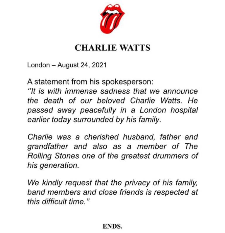 Charlie Watts - offizielles Statement der Rolling Stones (Quelle: Facebookseite der Rolling Stones) Foto: Charlie Watts - offizielles Statement der Rolling Stones (Quelle: Facebookseite der Rolling Stones)