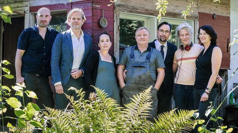 Foto: (v.l.) Mathias Prause (Kameramann), Jan Kruse (Produzent Bavaria Fiction), Regine Bielefeldt (Autorin), Axel Prahl ("Frank Thiel"), Jan Josef Liefers ("Prof. Karl-Friedrich Boerne"), Brigitte Maria Bertele (Regisseurin), Sophie Seitz (Redakteurin WDR) (Foto: Taimas Ahangari)