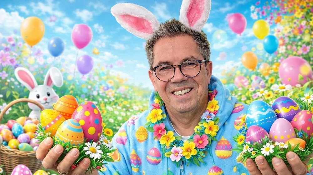 Foto: Ralf Grote spielt den Radio-Osterhasen (Foto KI-generiert)